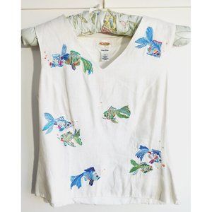 Talbots White Irish Linen Embroidered Goldfish Top Size 4